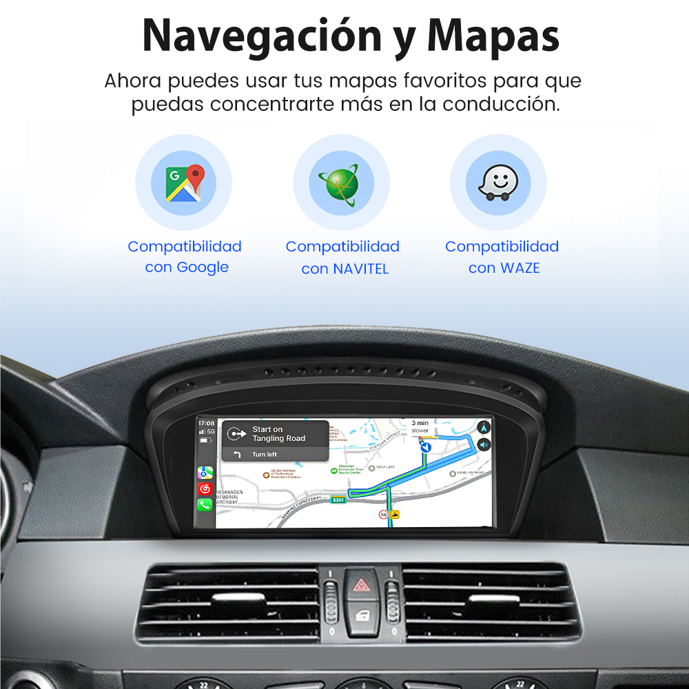 Pantalla de navegación de coche con iconos de apps de Google, Navitel y Waze.