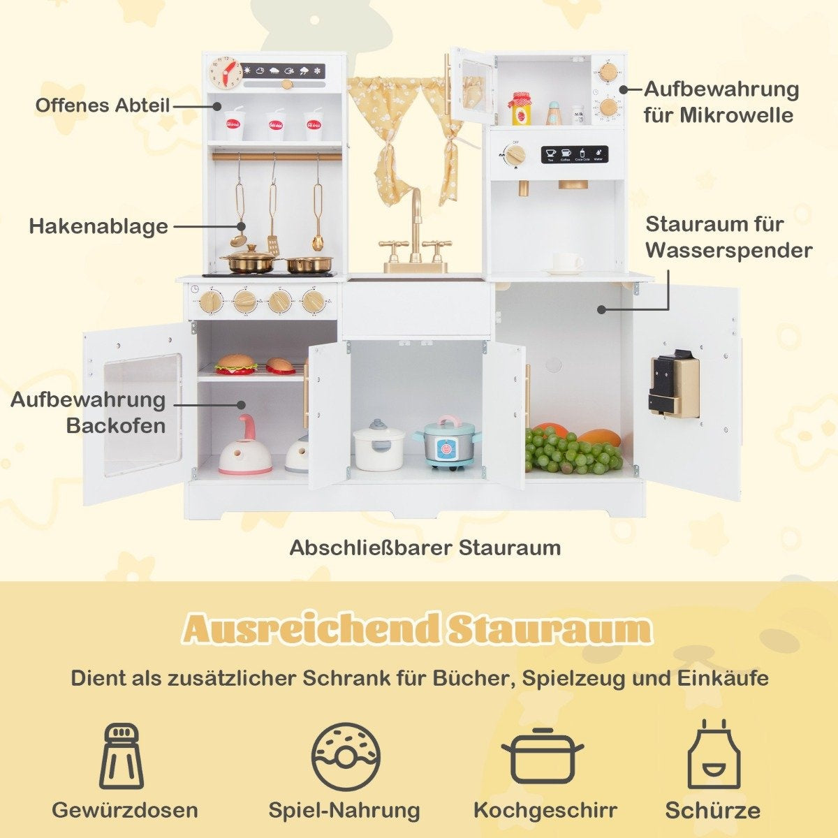 Cocina de juguete blanca con almacenamiento, utensilios y comida.