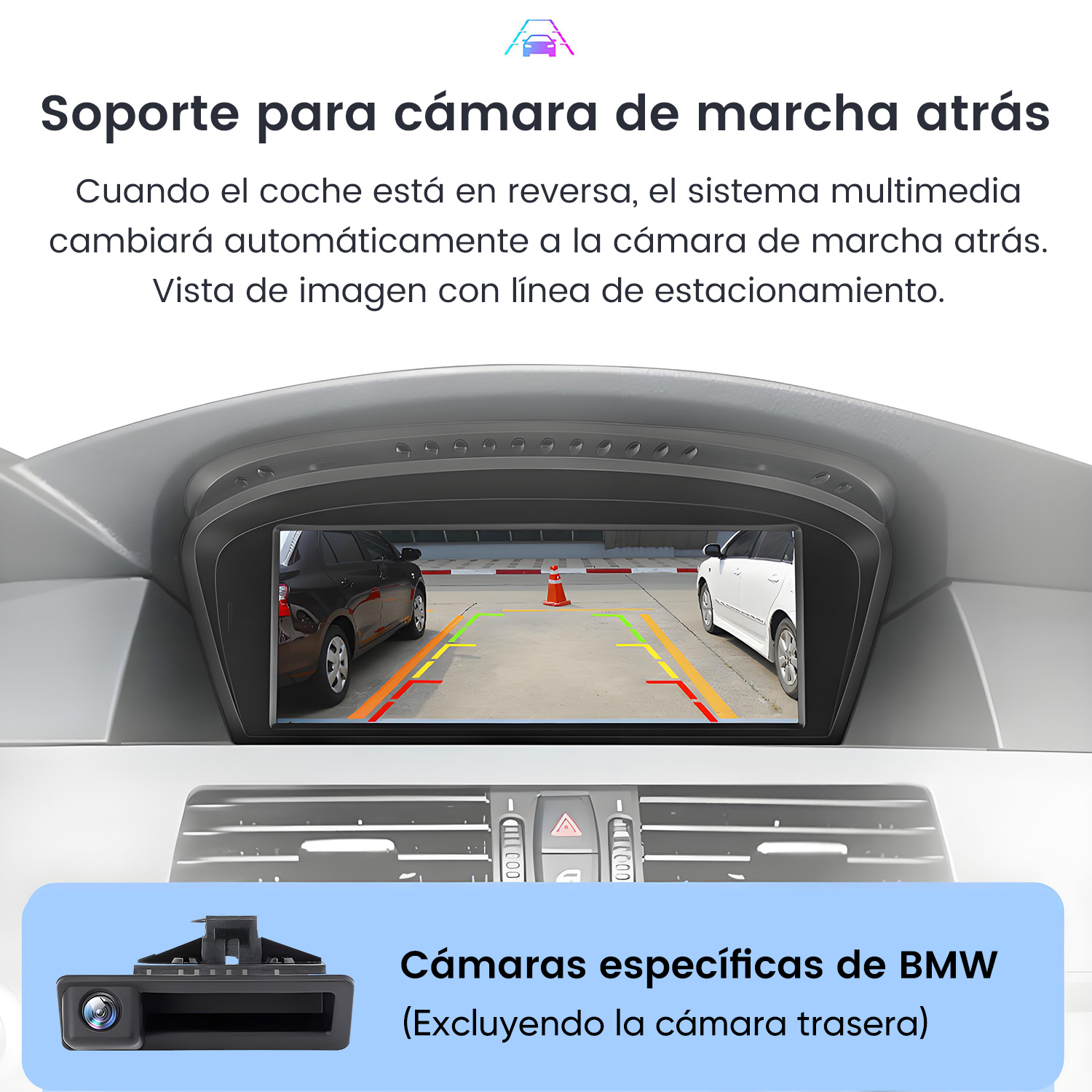Vista interior de coche con pantalla de cámara de marcha atrás y cámara.
