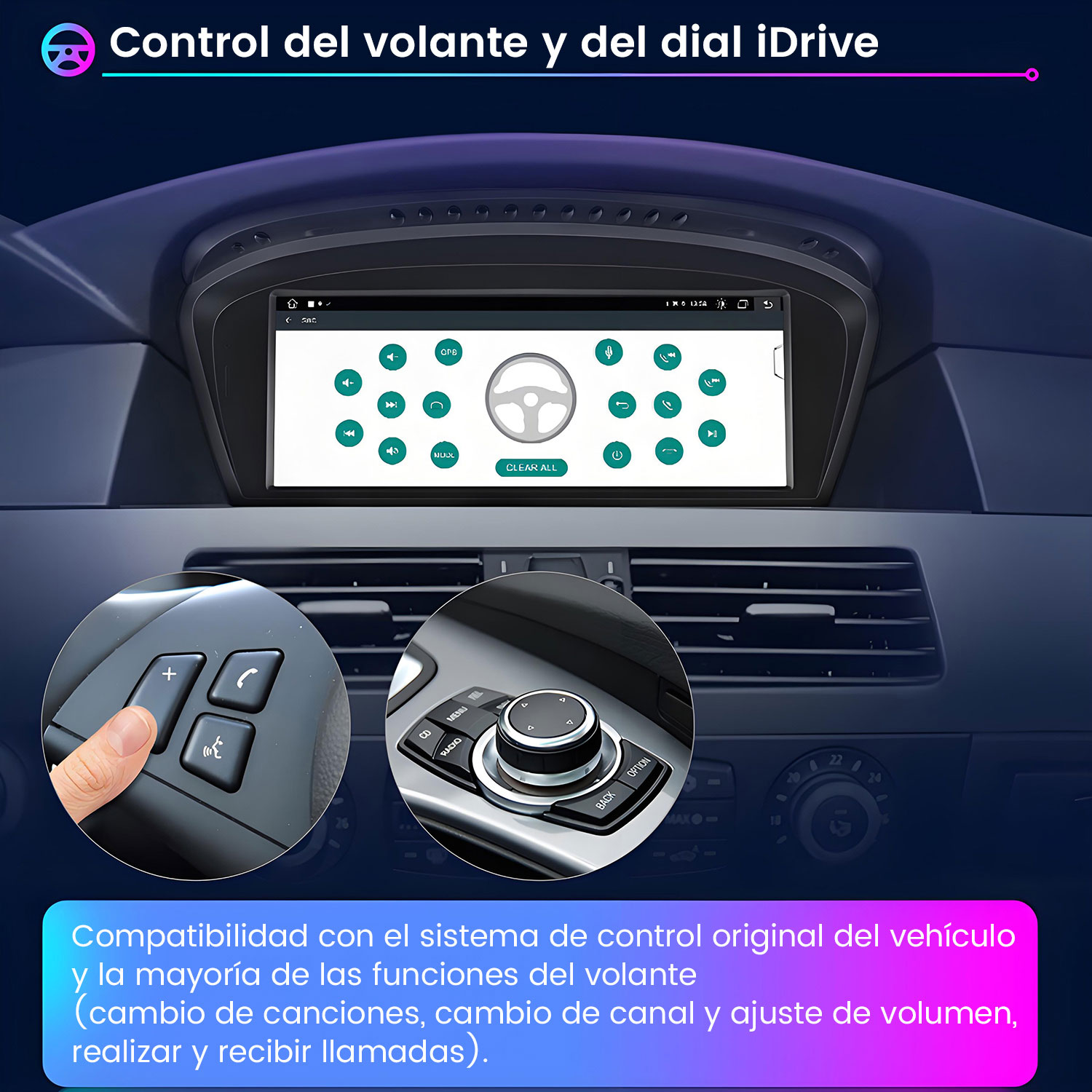 Interior de coche mostrando pantalla de infoentretenimiento con controles de volante e iDrive.