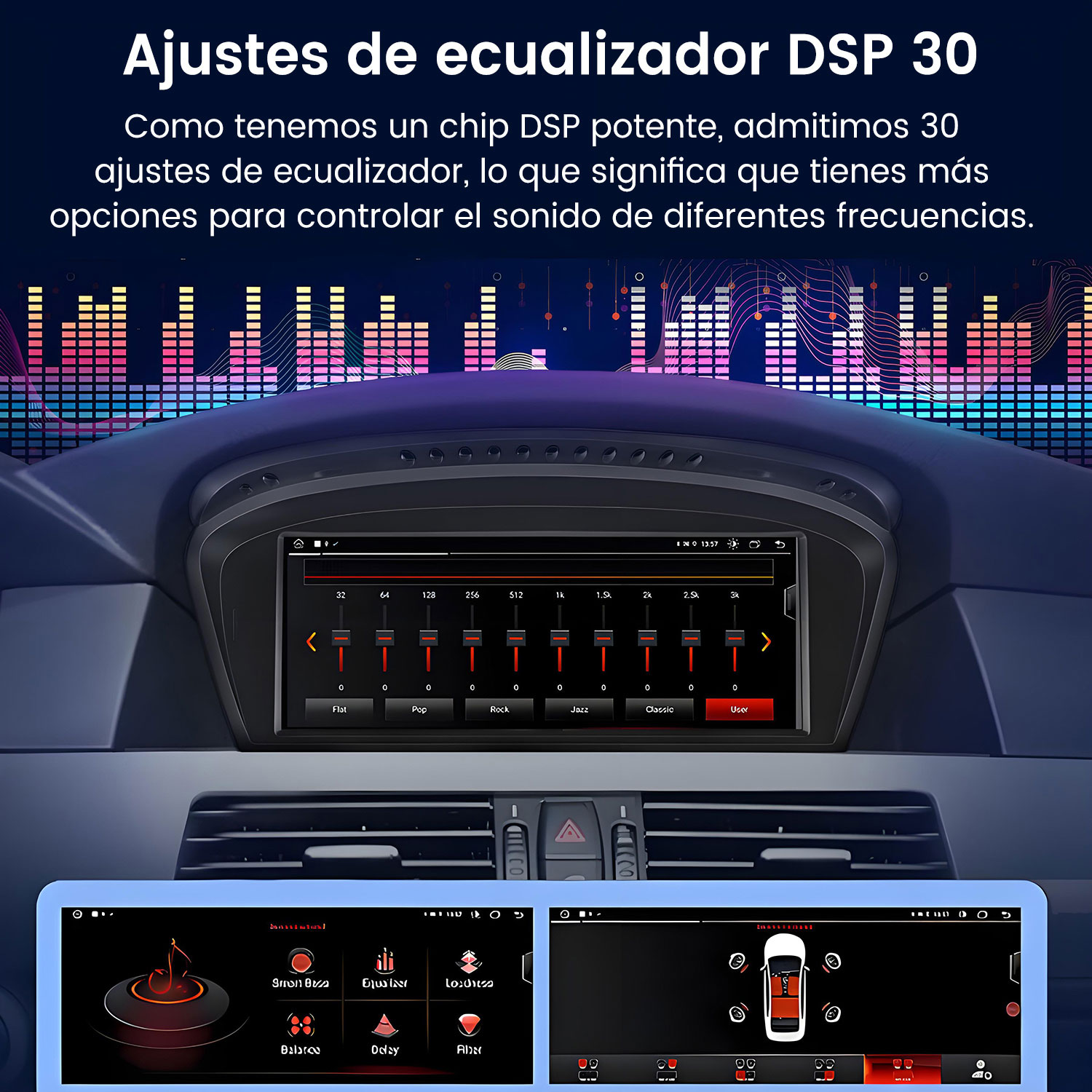 Salpicadero de coche mostrando ecualizador y ajustes de audio.