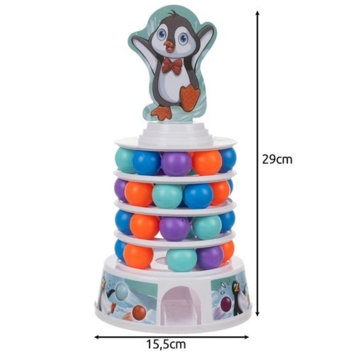 Una torre colorida con temática de pingüino llena de bolas azules, naranjas y moradas.