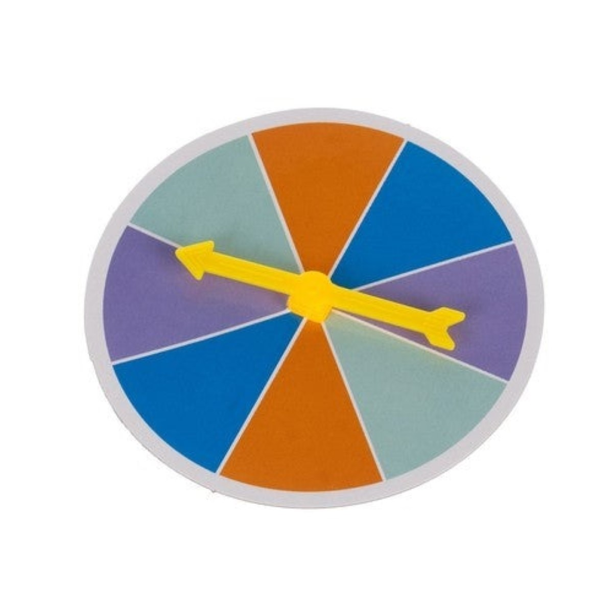 Un spinner de juego colorido con una flecha amarilla sobre fondo blanco.