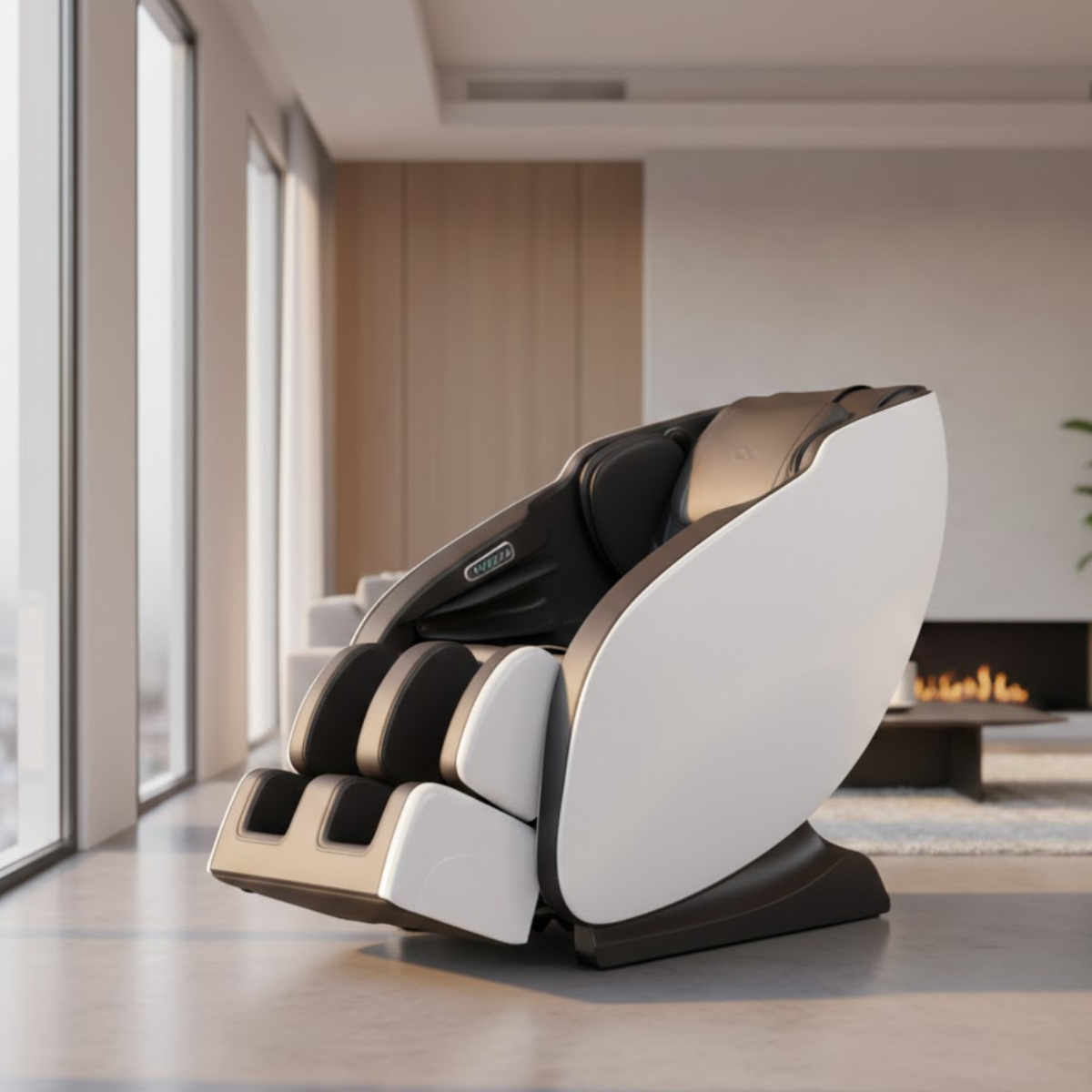 A modern black and white massage chair sits in a bright room with large windows.