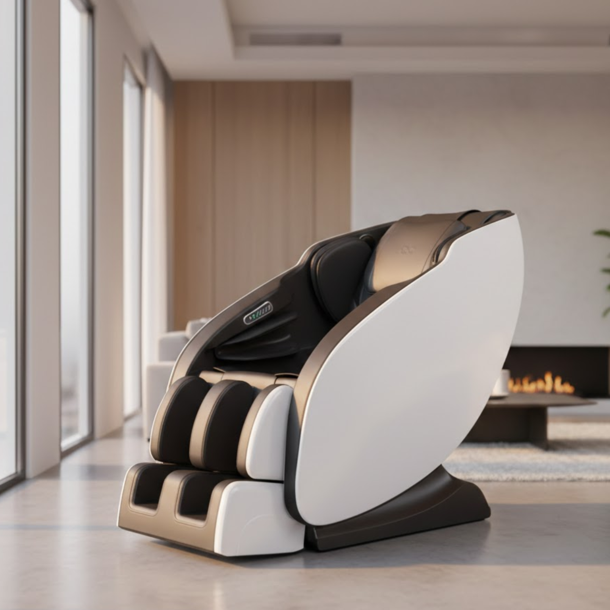 A modern massage chair in dark and white colors sits in a bright, minimalist living room.