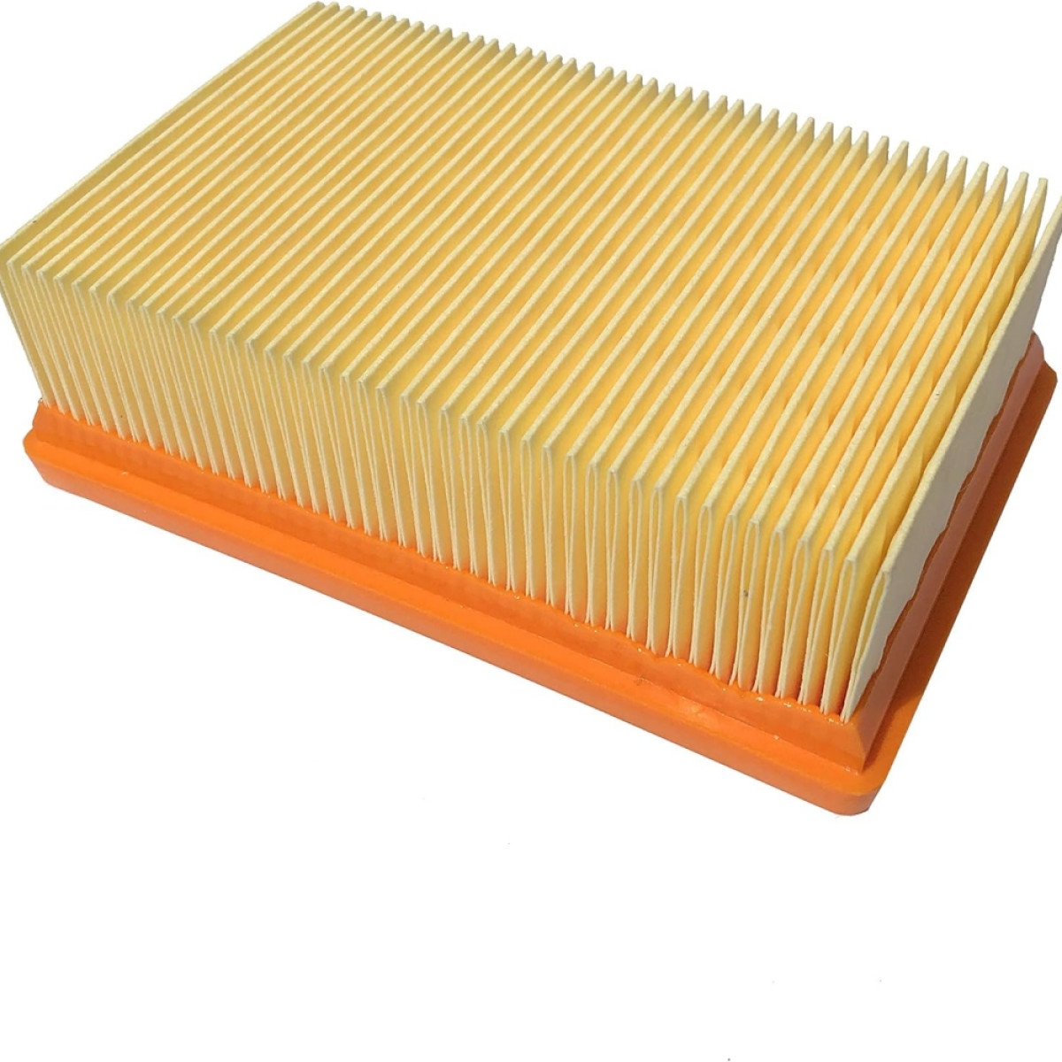 Prostokątny filtr powietrza z żółtym papierem i pomarańczową ramką.