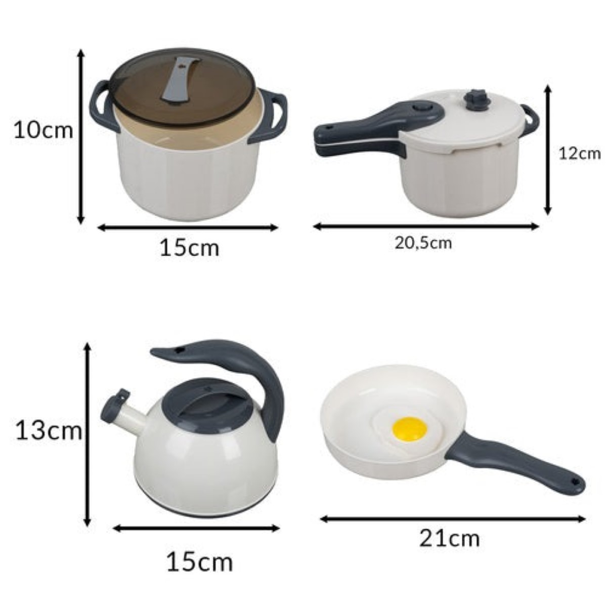 Cuatro utensilios de cocina: olla, olla a presión, tetera, sartén con huevo frito.