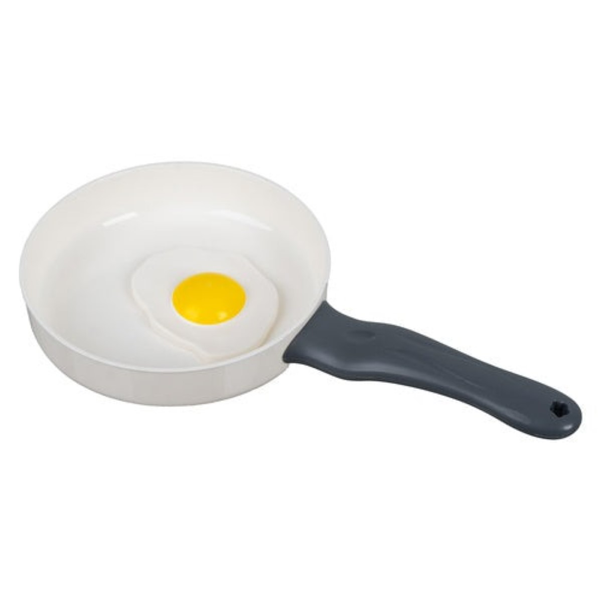 Sartén blanca con huevo frito y mango gris.