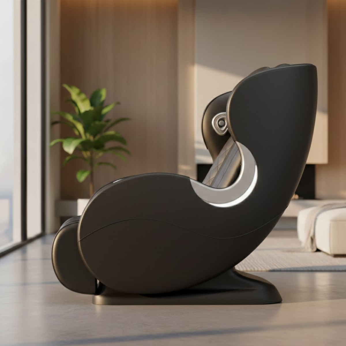 A black massage chair with silver accents is in a bright room.
