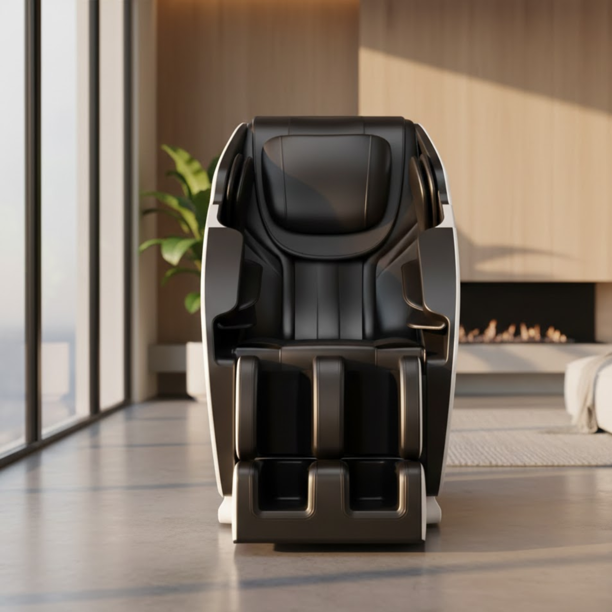 Ein schwarzer Massagesessel steht in einem modernen Raum mit Kamin und großen Fenstern.