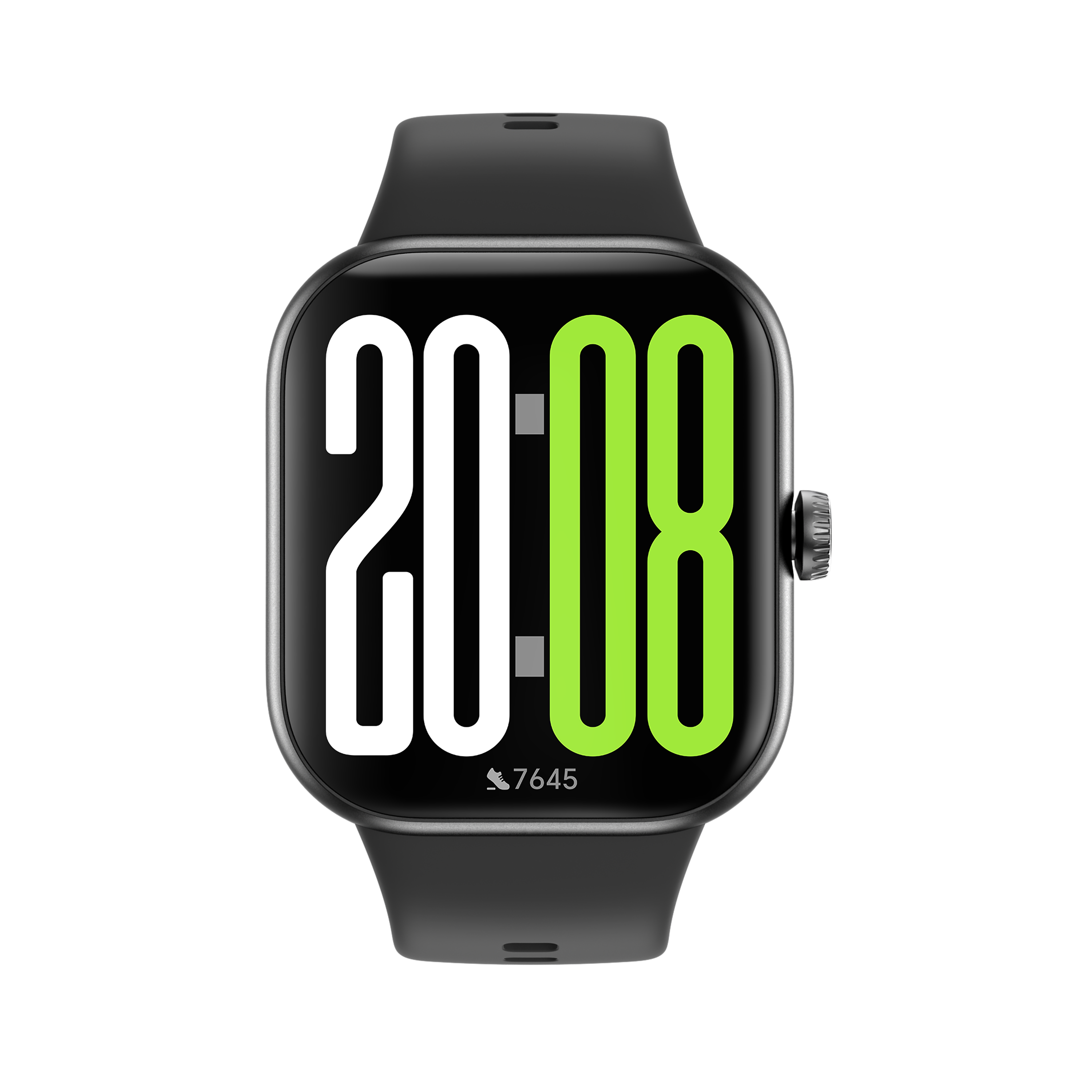 Uno smartwatch grigio mostra le 20:08 e 7645 passi.