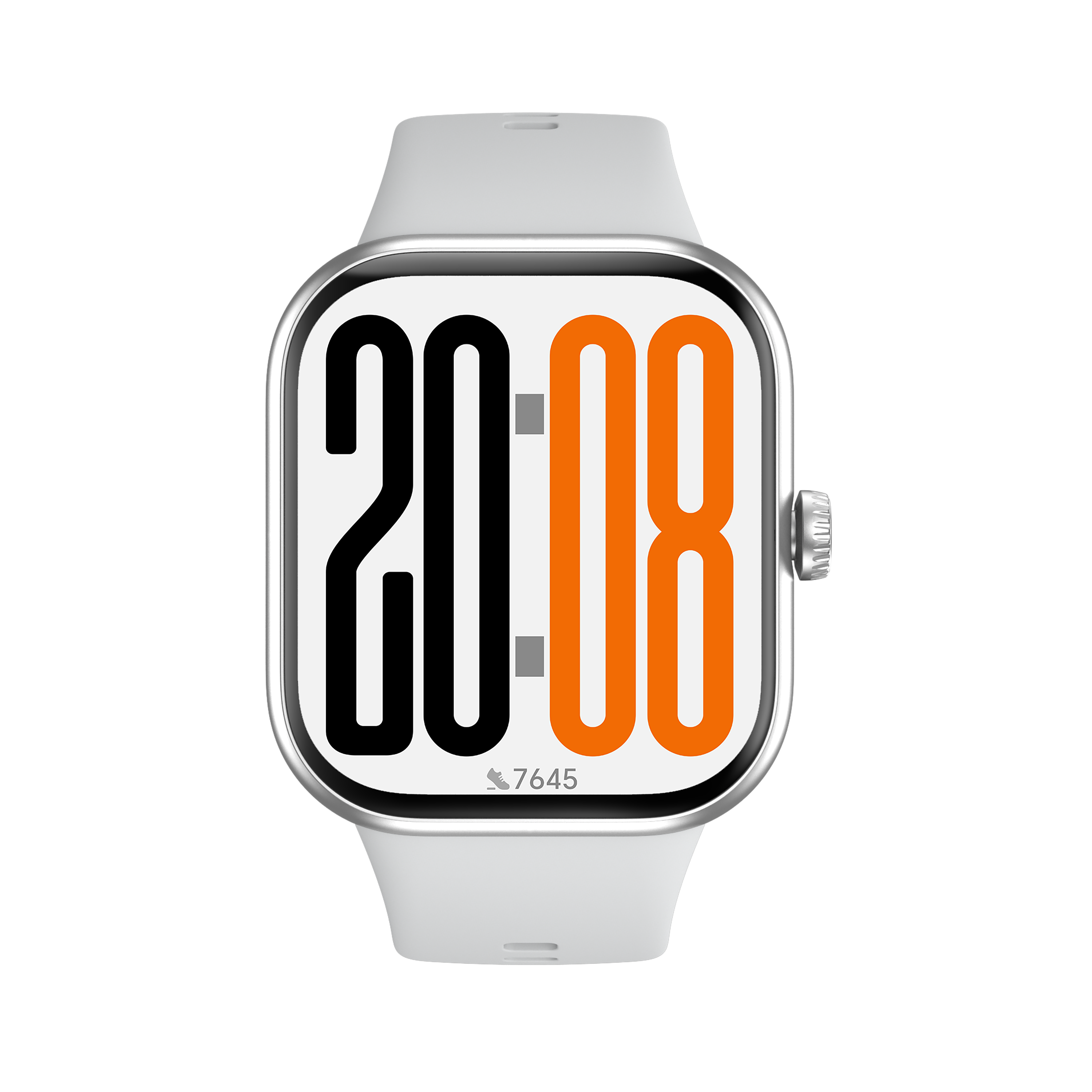 Graue Smartwatch mit weißem Armband. Zeigt 20:08 an.