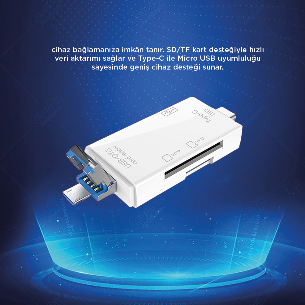 SD/TF yuvalı ve USB-C/Micro USB konnektörlü beyaz USB/OTG kart okuyucu.
