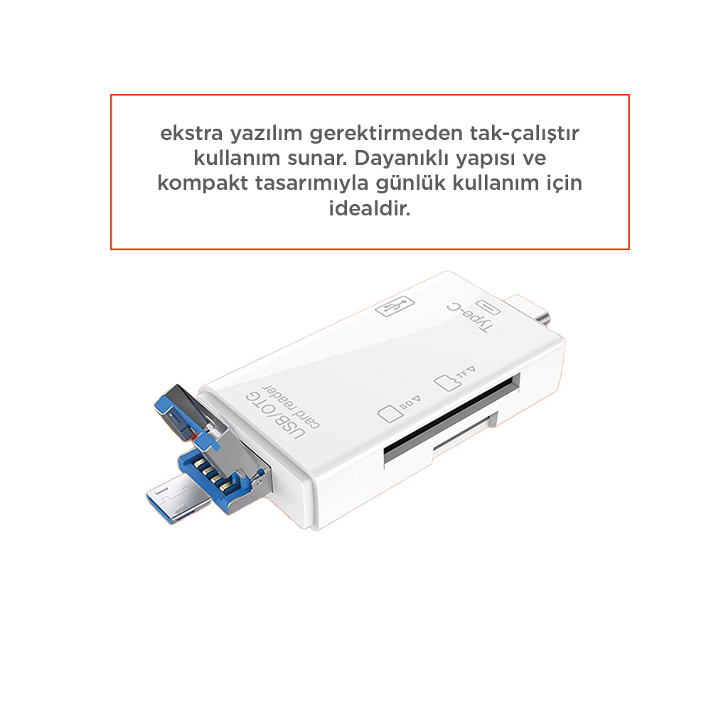 SD ve TF yuvalı, açılır USB konektörlü beyaz USB-OTG kart okuyucu.