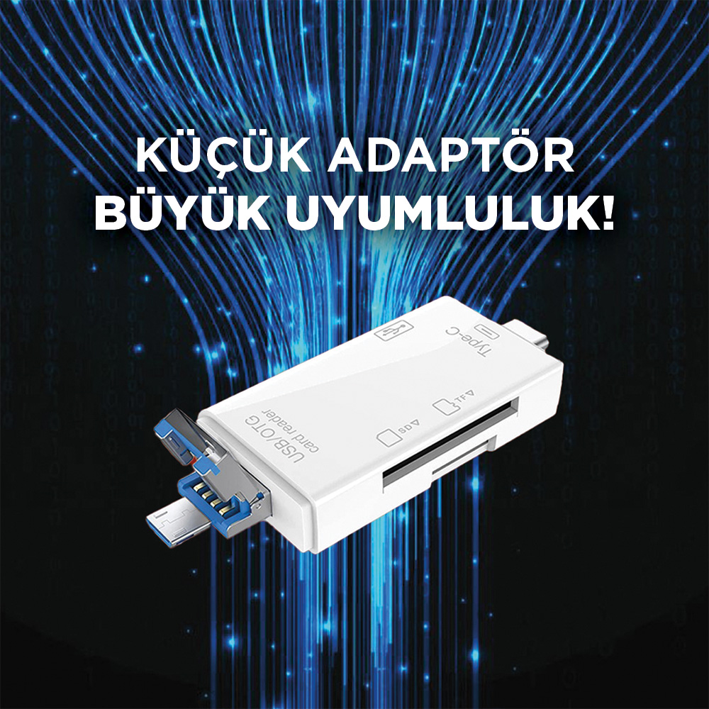 Mavi arka plan önünde SD ve TF yuvalı beyaz USB/OTG kart okuyucu.