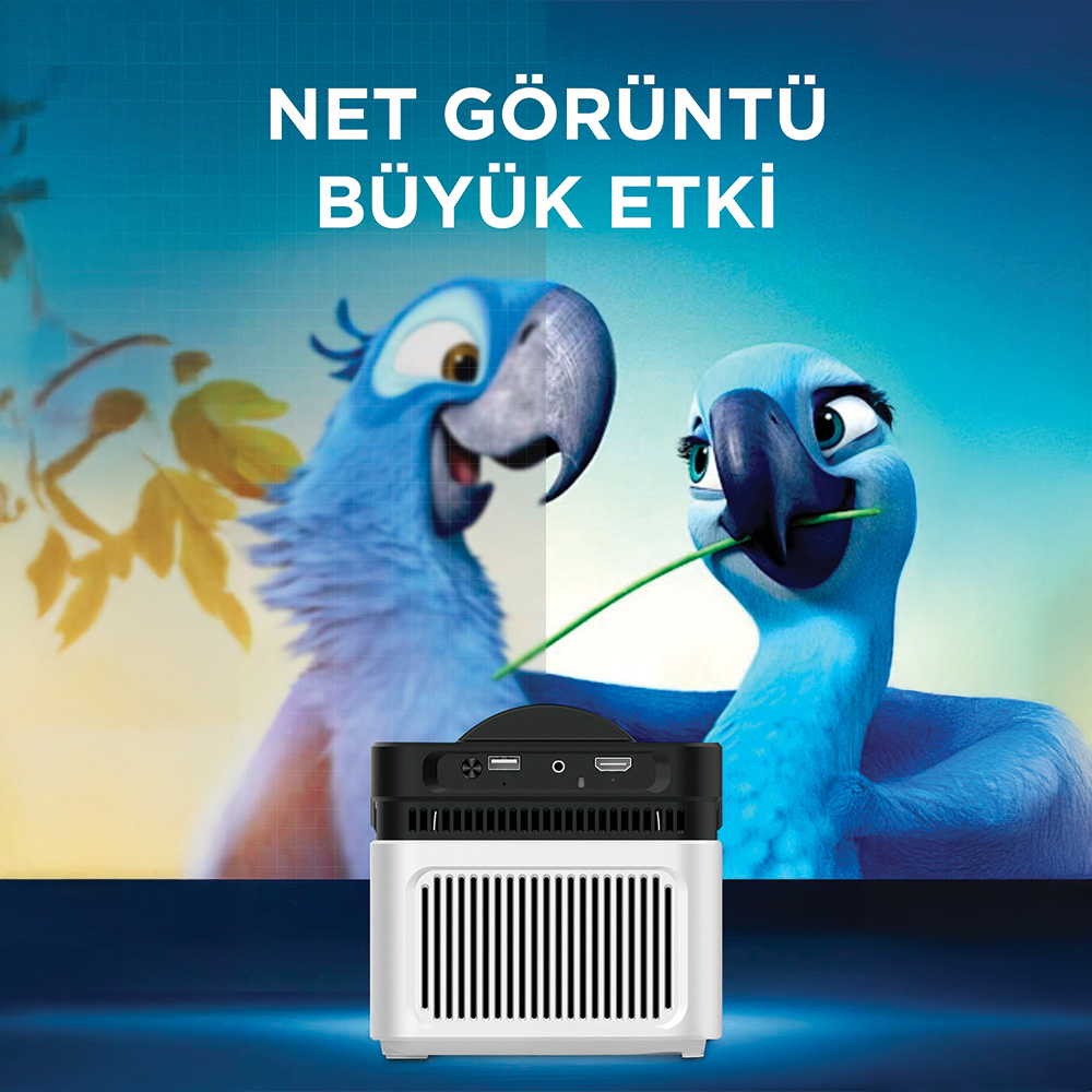 İki mavi papağan ve küçük beyaz bir projektör.