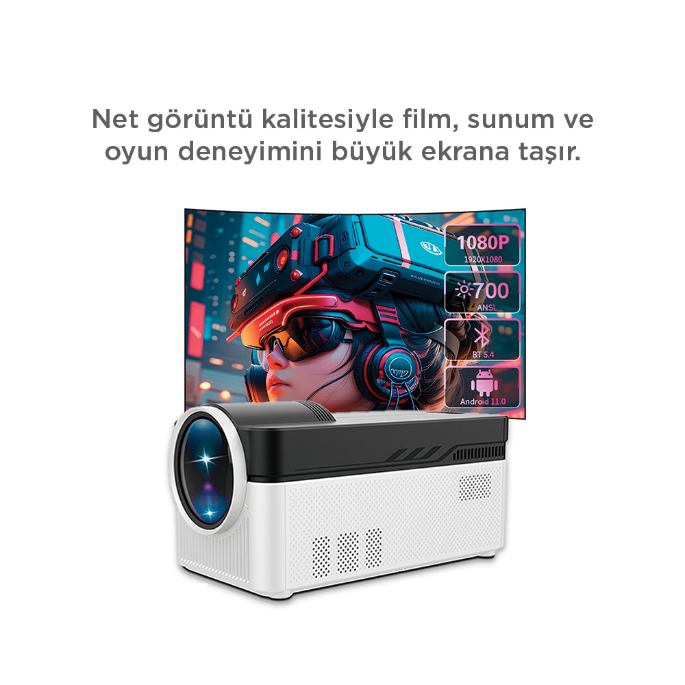 Beyaz bir projektör, VR gözlüklü bir kişinin ve teknik özelliklerin görüntüsünü yansıtıyor.