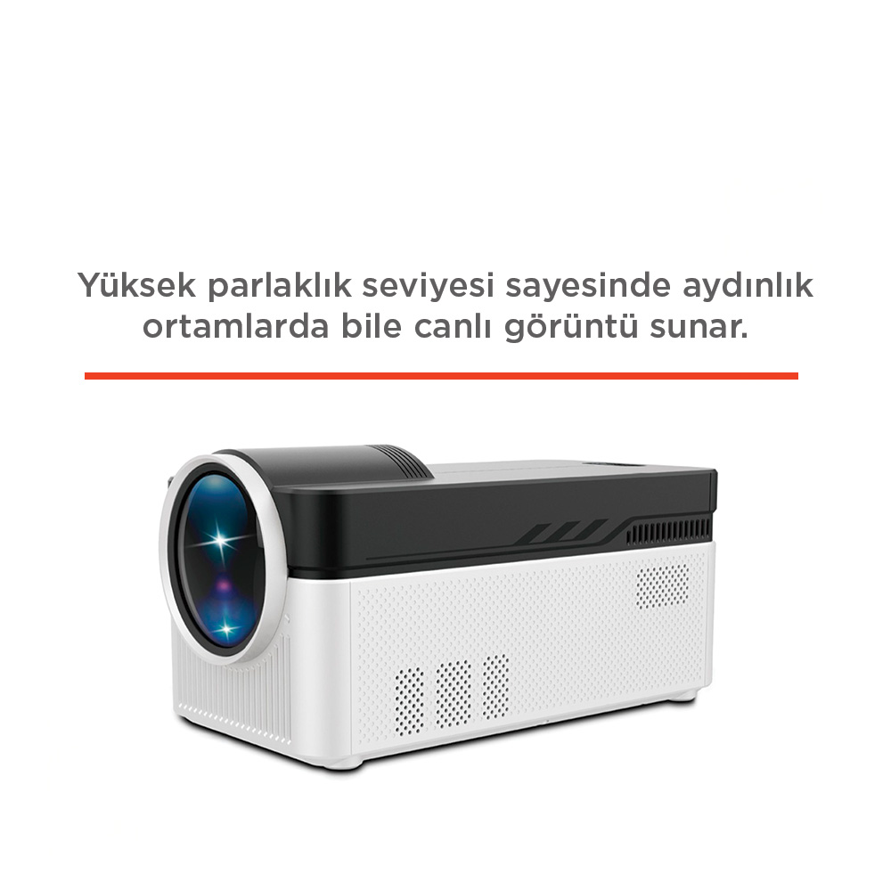 Lensli ve havalandırma delikli beyaz ve siyah projektör.