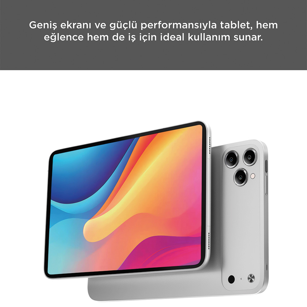 Gümüş renkli tablet ve akıllı telefon yan yana duruyor. Tablet renkli soyut ekran gösteriyor.