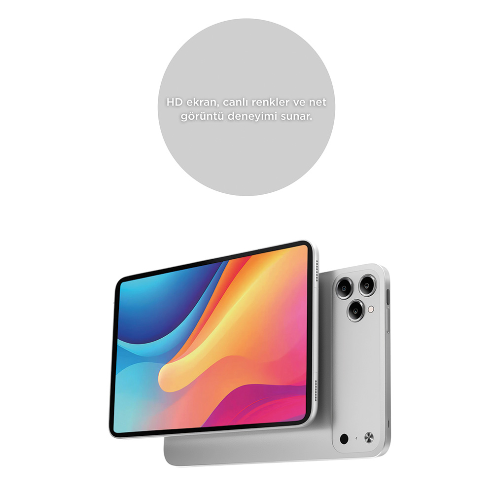 Renkli ekranlı tabletin arkasında gümüş bir akıllı telefon duruyor.