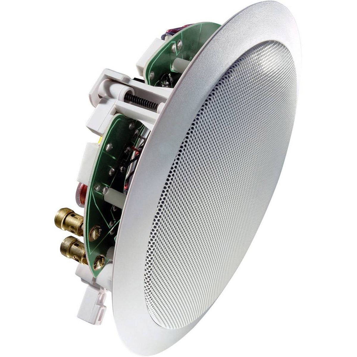 Biały głośnik sufitowy z srebrną kratką i widoczną elektroniką wewnętrzną.