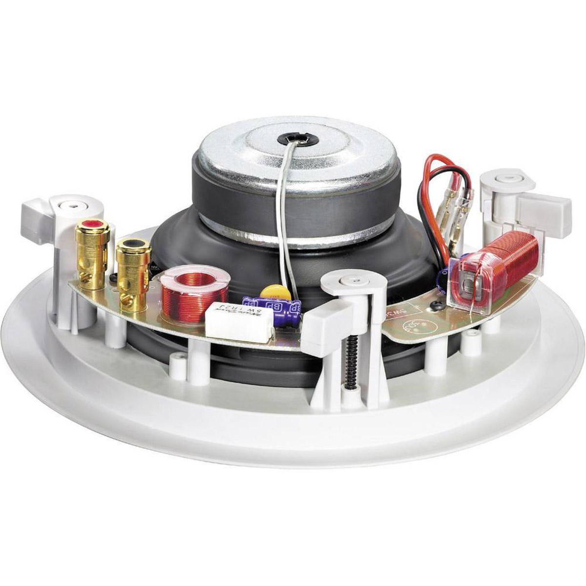 Głośnik z cewkami, kondensatorami i terminalami na płytce drukowanej.