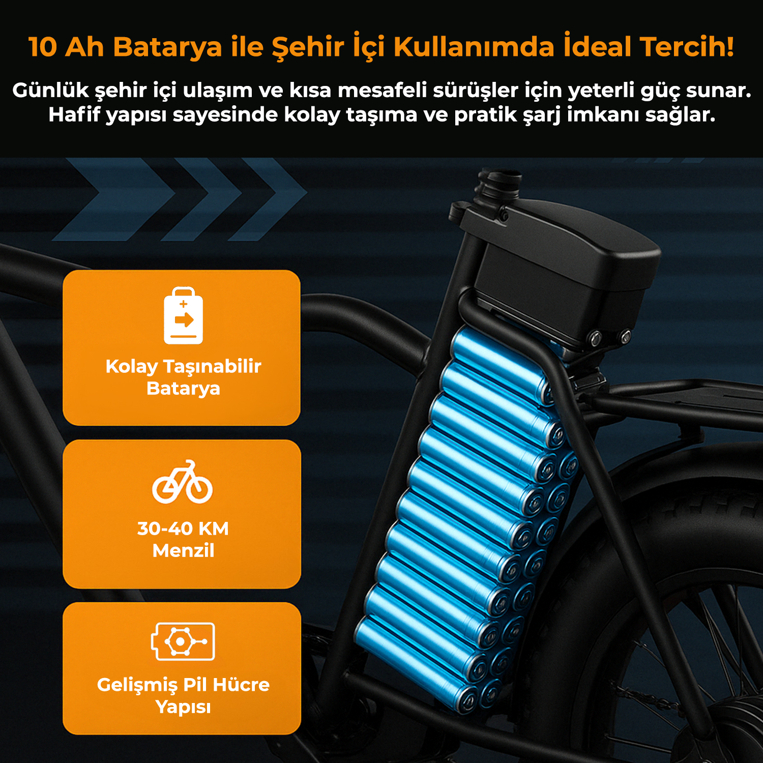 10 Ah e-bisiklet bataryası, çıkarılabilir, 30-40 km menzil, gelişmiş hücre yapısı.