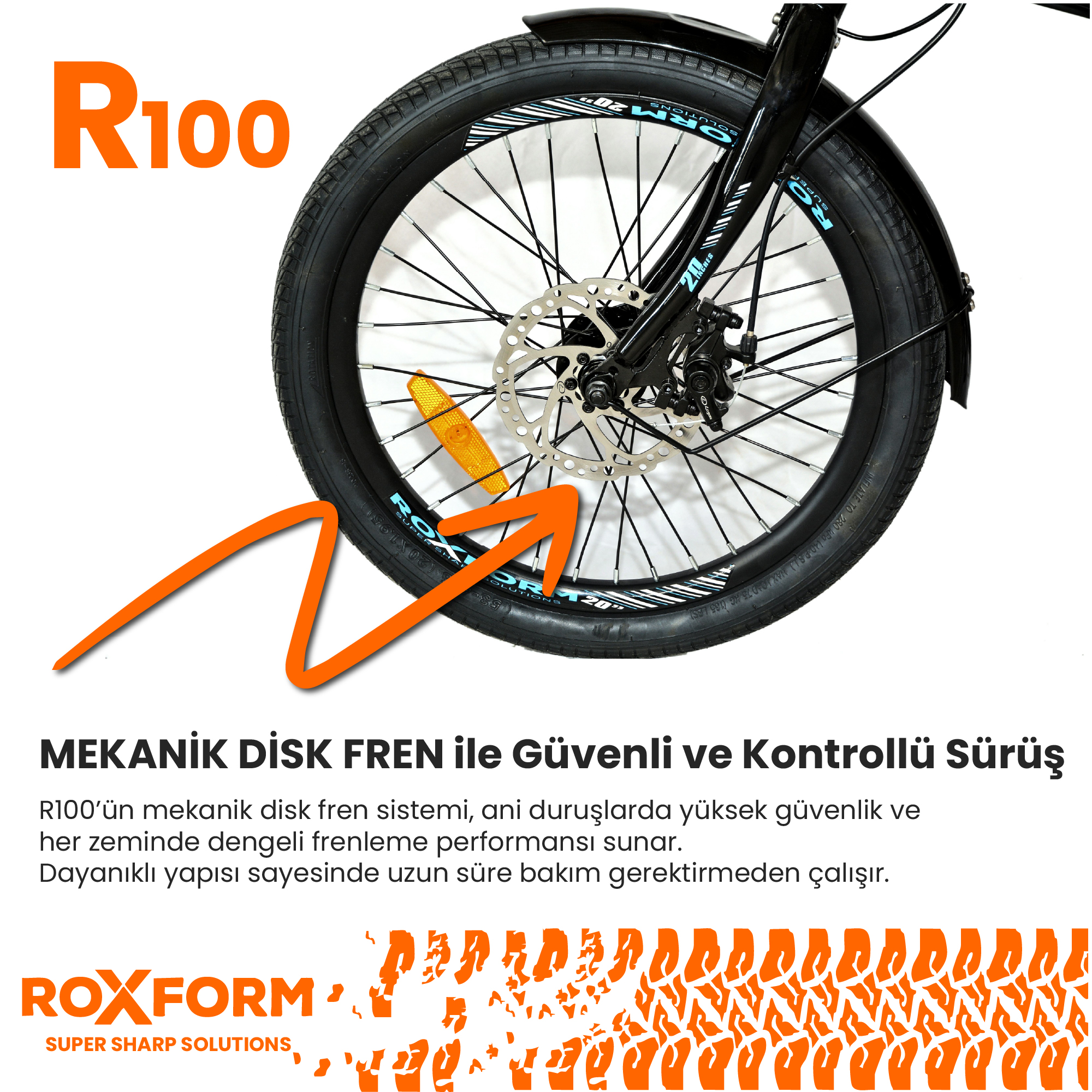 Disk frenli bisiklet tekerleği, R100 logosu. Turuncu ok freni gösteriyor.