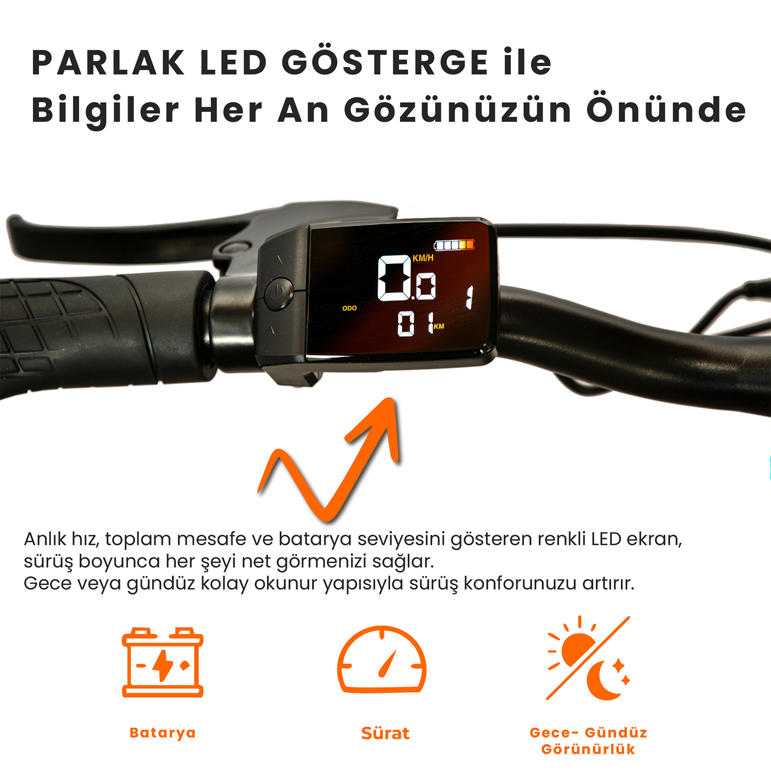 Gidon, hız, mesafe ve bataryayı gösteren parlak LED ekrana sahip.