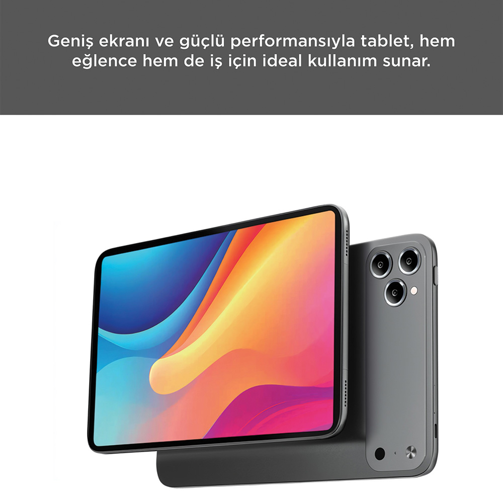 Renkli ekranlı gri tablet, üç kameralı gri akıllı telefonun yanında.