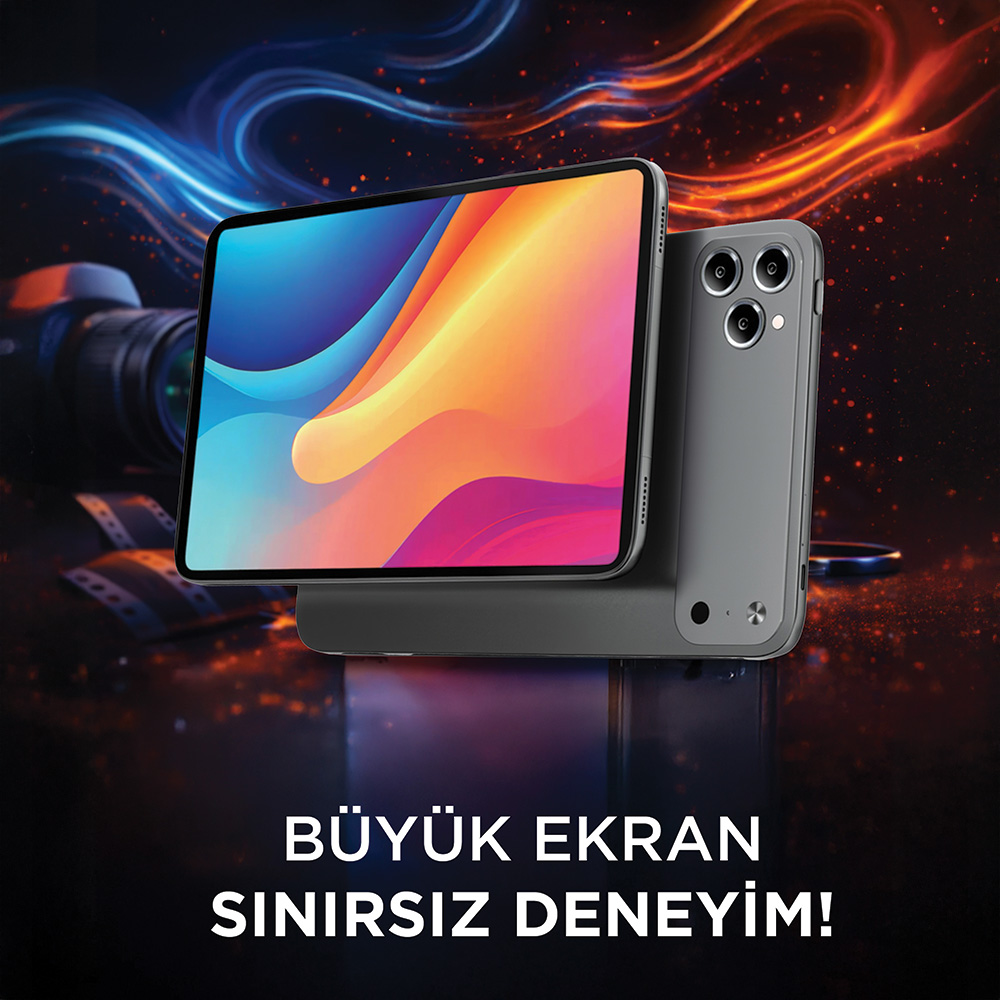 Renkli ekranlı tablet akıllı telefonun yanında. Arkada kameralar ve film makaraları.