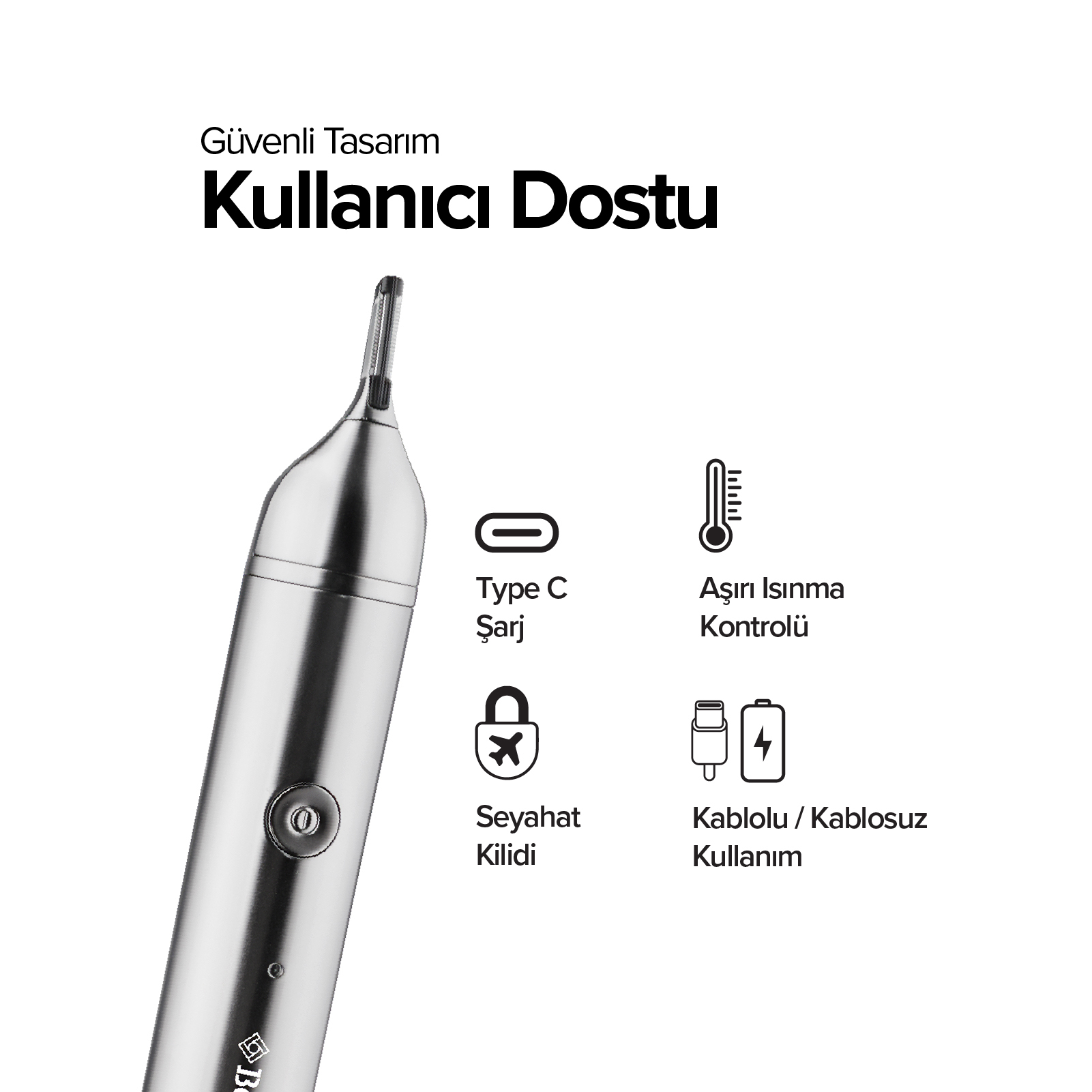 Gümüş renkli düzeltici, Tip-C şarj, aşırı ısınma kontrolü, seyahat kilidi ve kablolu/kablosuz kullanım ikonlarıyla birlikte.