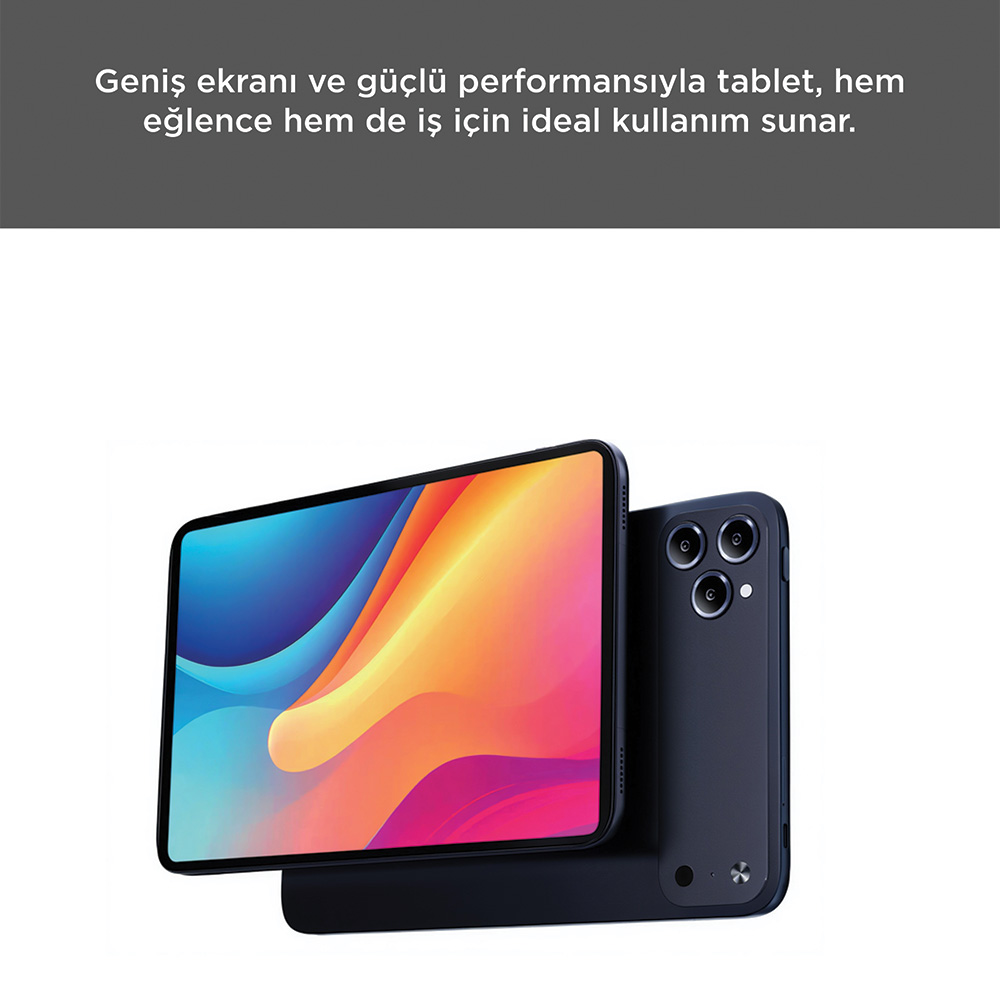 Renkli duvar kağıdı ve arka kamerası olan koyu renk tablet.