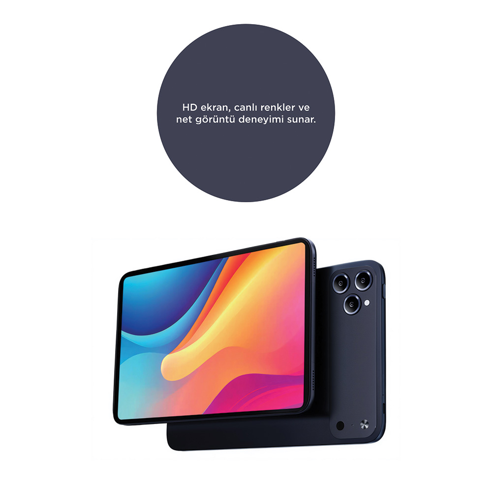 Koyu mavi tablet ve akıllı telefon, renkli ekranlar, beyaz arka plan.