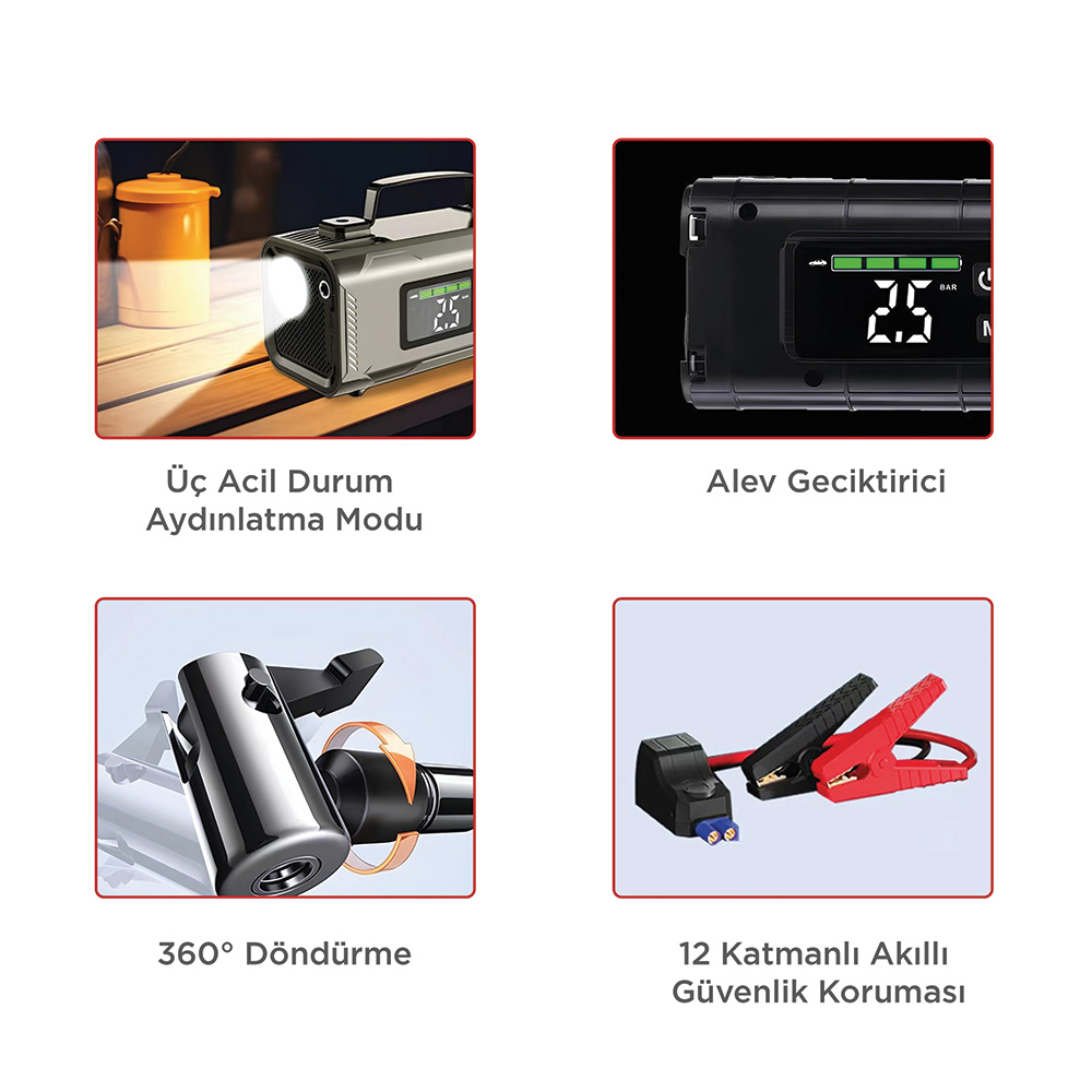 Işıklı, ekranlı ve kelepçeli taşınabilir powerbank.