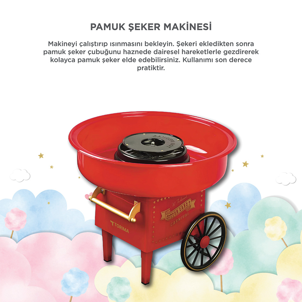 Siyah üst ve tekerlekli kırmızı pamuk şeker makinesi.