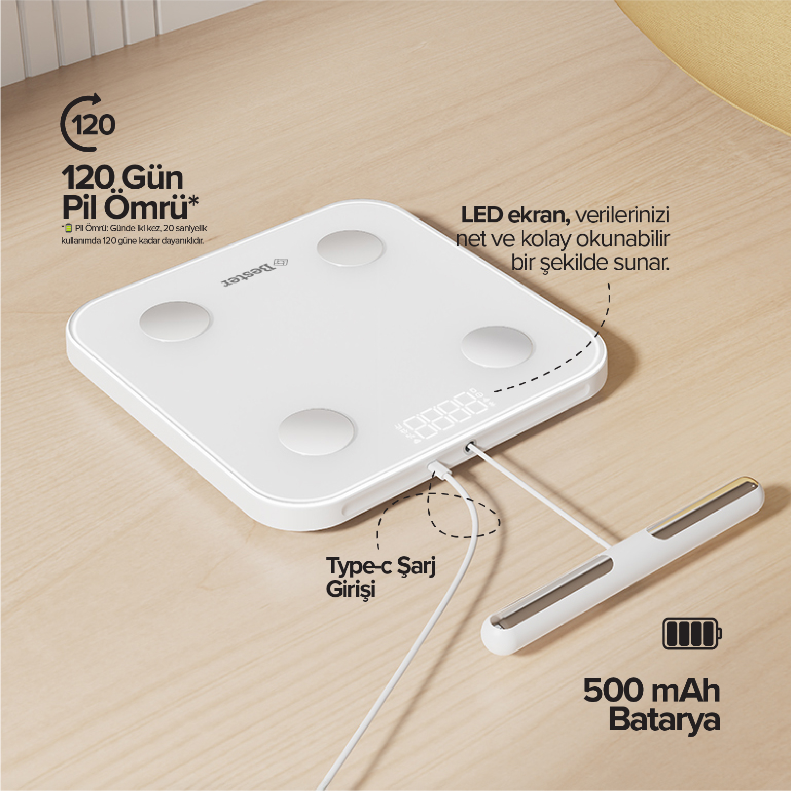 LED ekranlı, Type-C şarj girişli, 500 mAh bataryalı beyaz tartı.