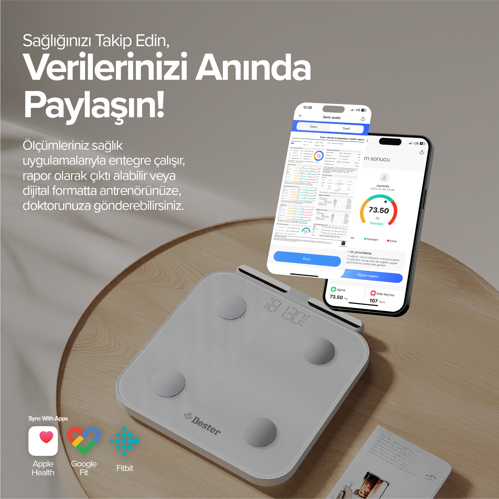 Sağlık verilerini gösteren bir akıllı telefon ile beyaz bir vücut tartısı.