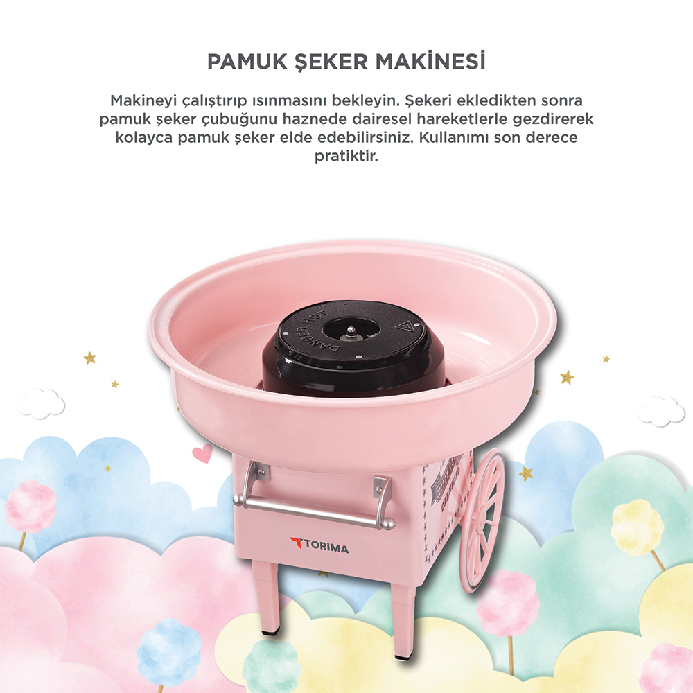 Renkli bir arka plan önünde, siyah orta kısımlı pembe pamuk şeker makinesi.