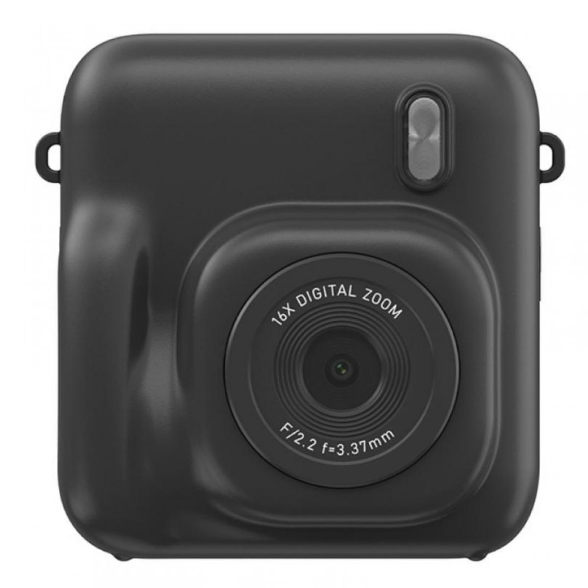 Eine schwarze Digitalkamera mit 16-fachem Zoom und einer Blende von f/2.2.