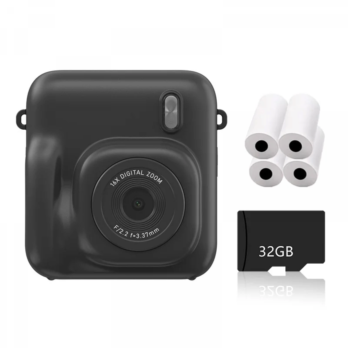 Schwarze Kamera mit 4 Papierrollen und einer 32GB SD-Karte.