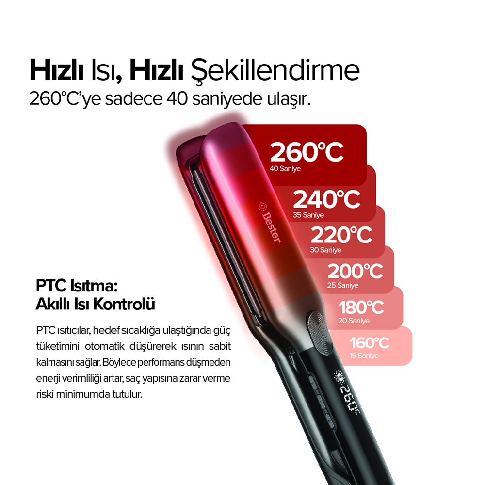 160°C ile 260°C arası sıcaklık ayarları olan kırmızı saç düzleştirici.