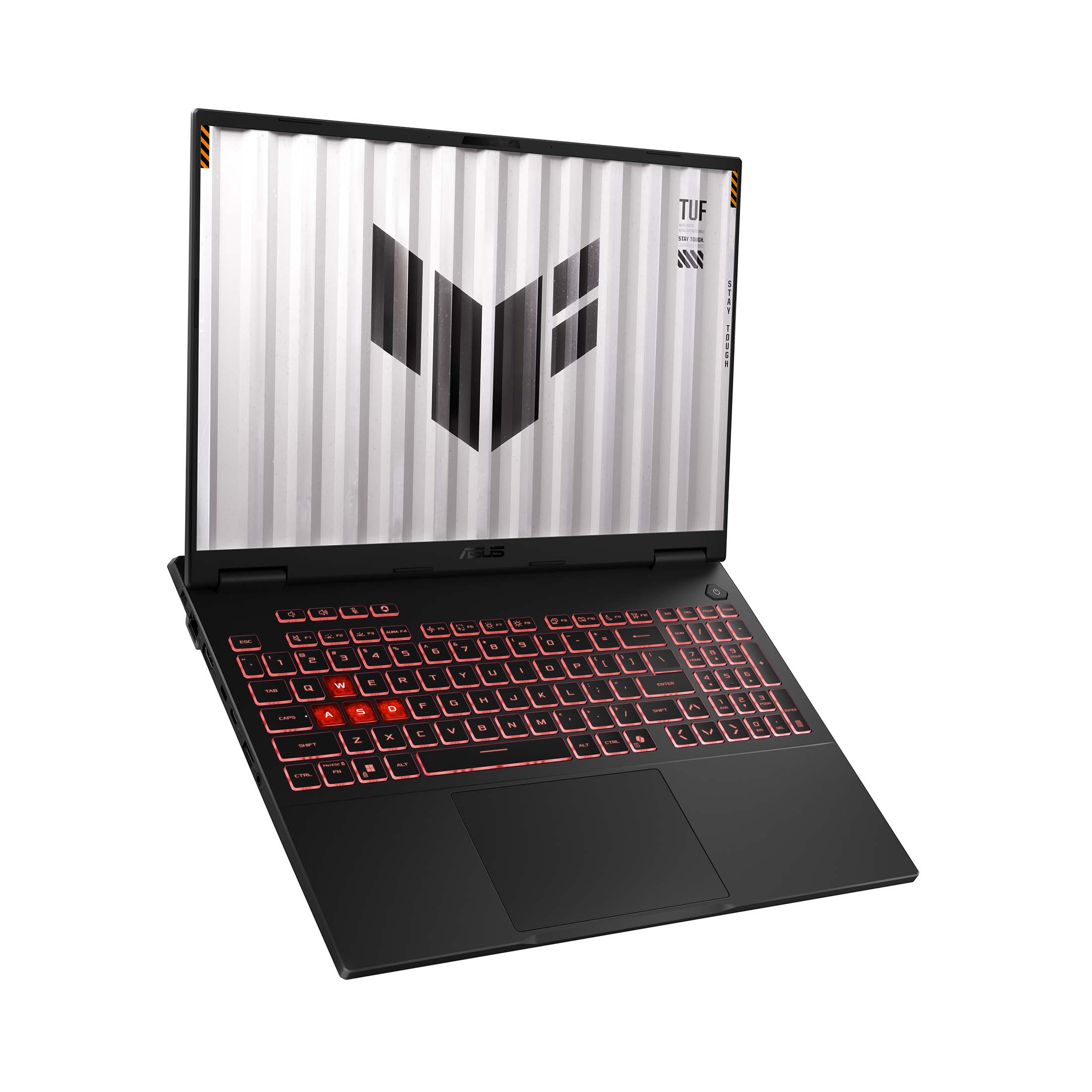 Schwarzer Laptop mit roter Tastaturbeleuchtung und TUF-Logo auf dem Bildschirm.