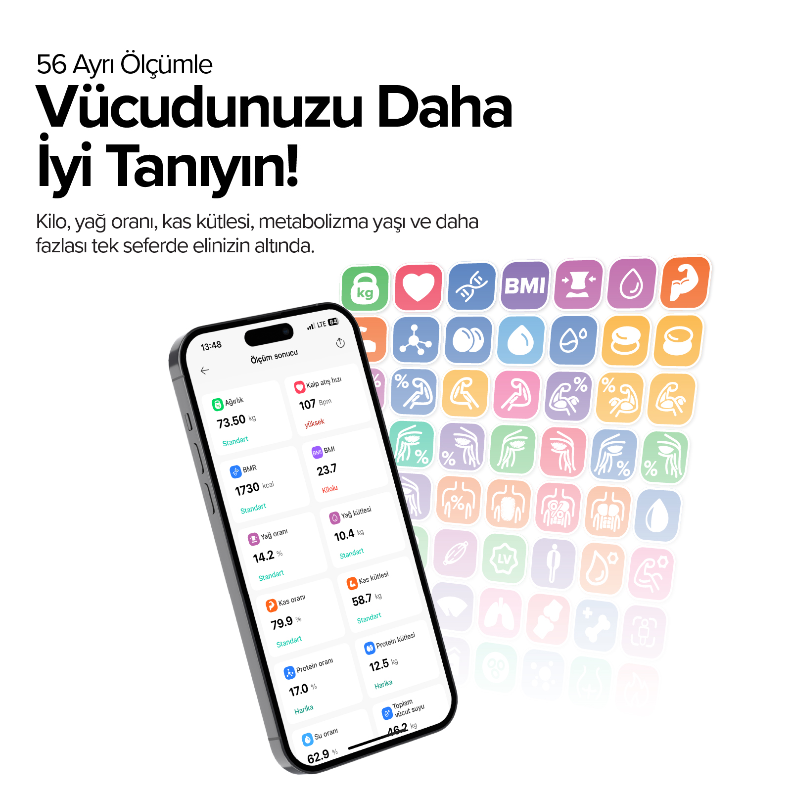 Akıllı telefon uygulaması kilo, kalp atış hızı, BMI gibi vücut metriklerini gösterir. Arka plan ikonlu.