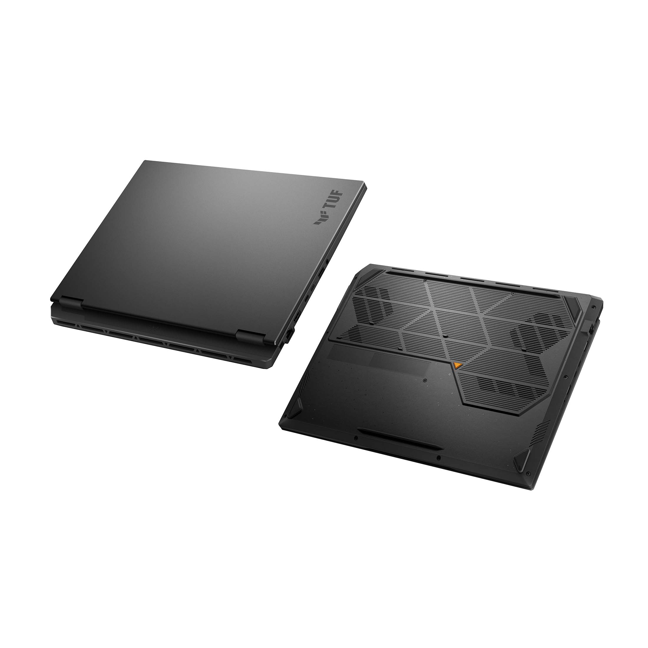 Ein geschlossenes schwarzes Notebook liegt links, ein umgedrehtes Notebook mit Lüftungsgitter rechts.