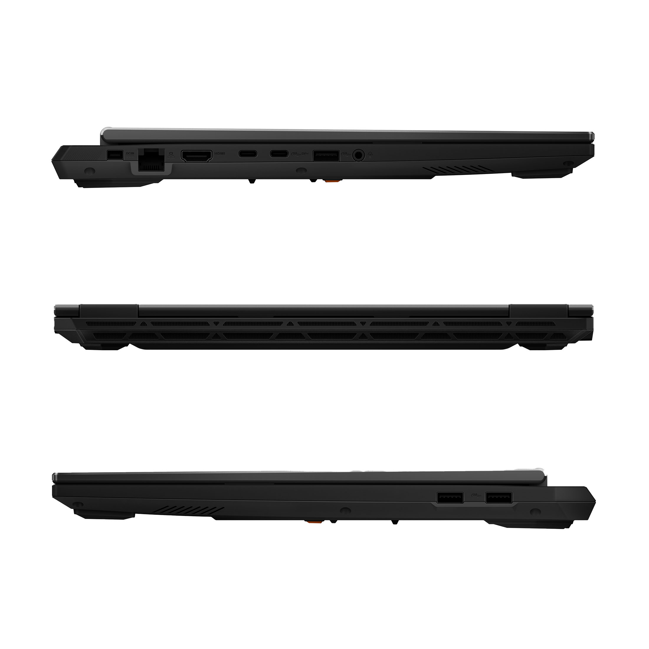Drei Ansichten eines schwarzen Laptops. Links: DCIN, HDMI, USB-C, DP, USB-A, Audioanschluss.