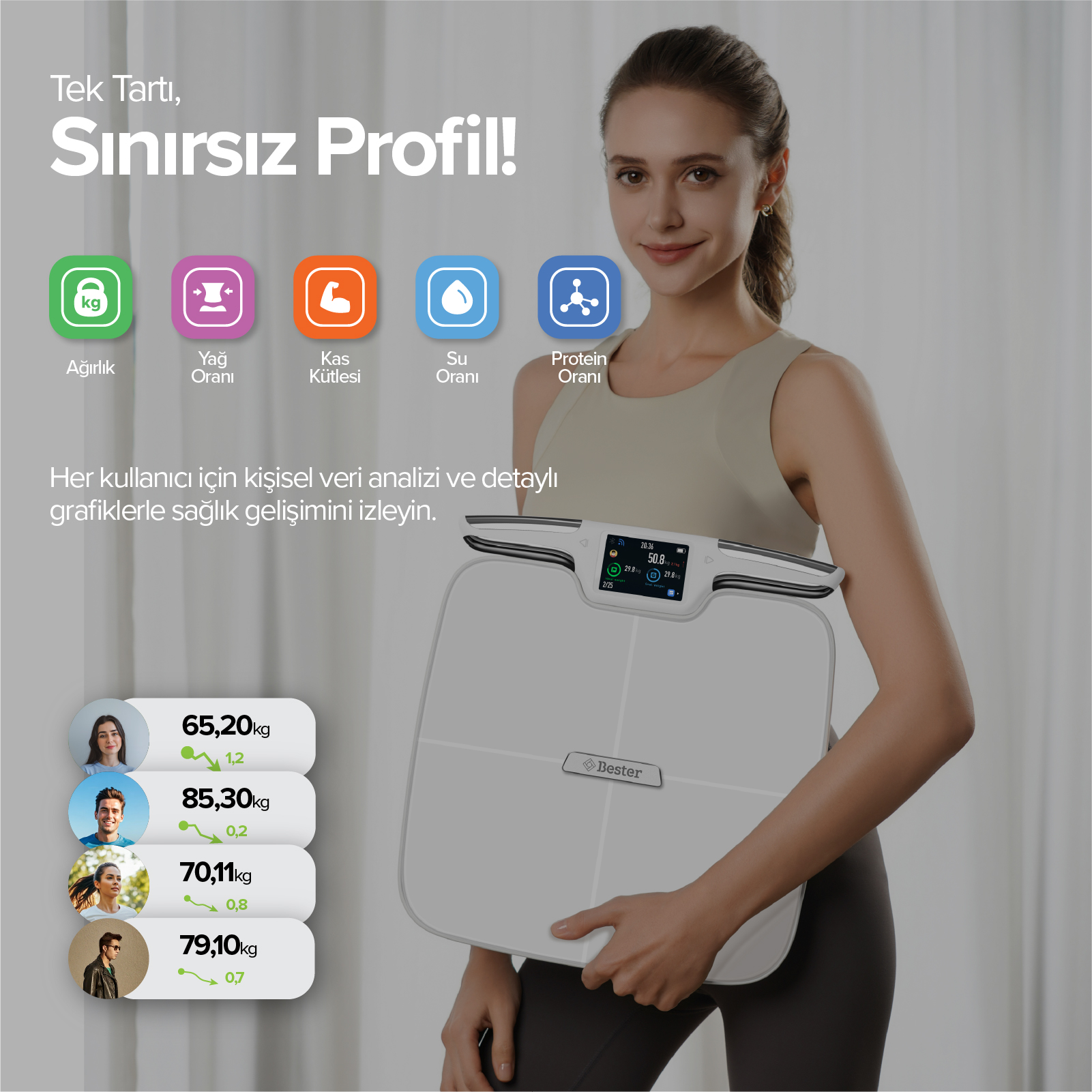 Akıllı tartı tutan kadın: kilo, yağ, kas, su, protein ölçümü. Profiller.