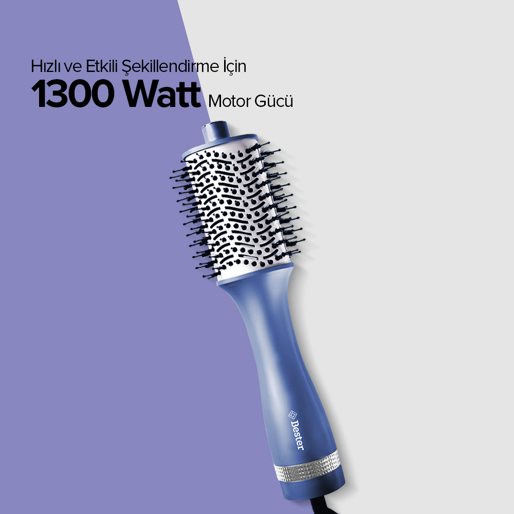 1300 Watt motor gücüne sahip mavi, döner saç kurutma fırçası.