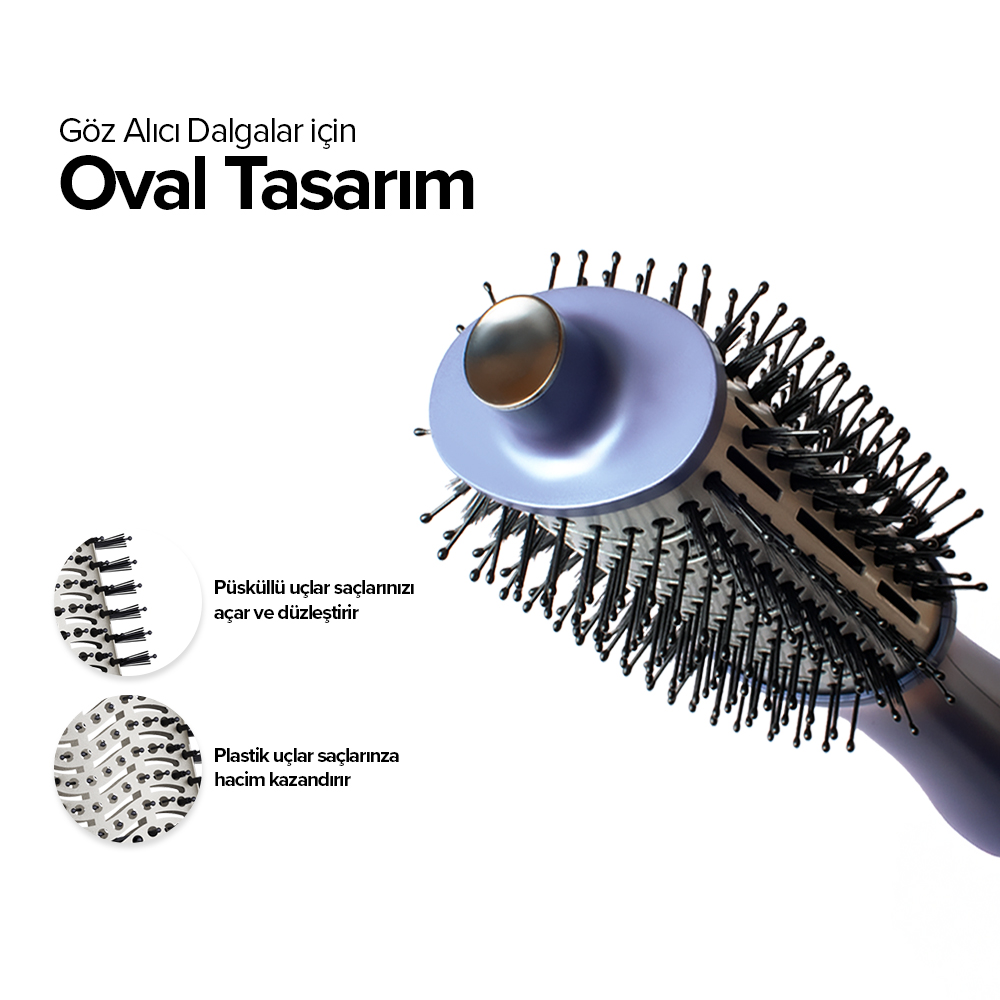 Mavi saplı, siyah kıllı oval fırça. Detay görünümleri kıl uçlarını gösterir.