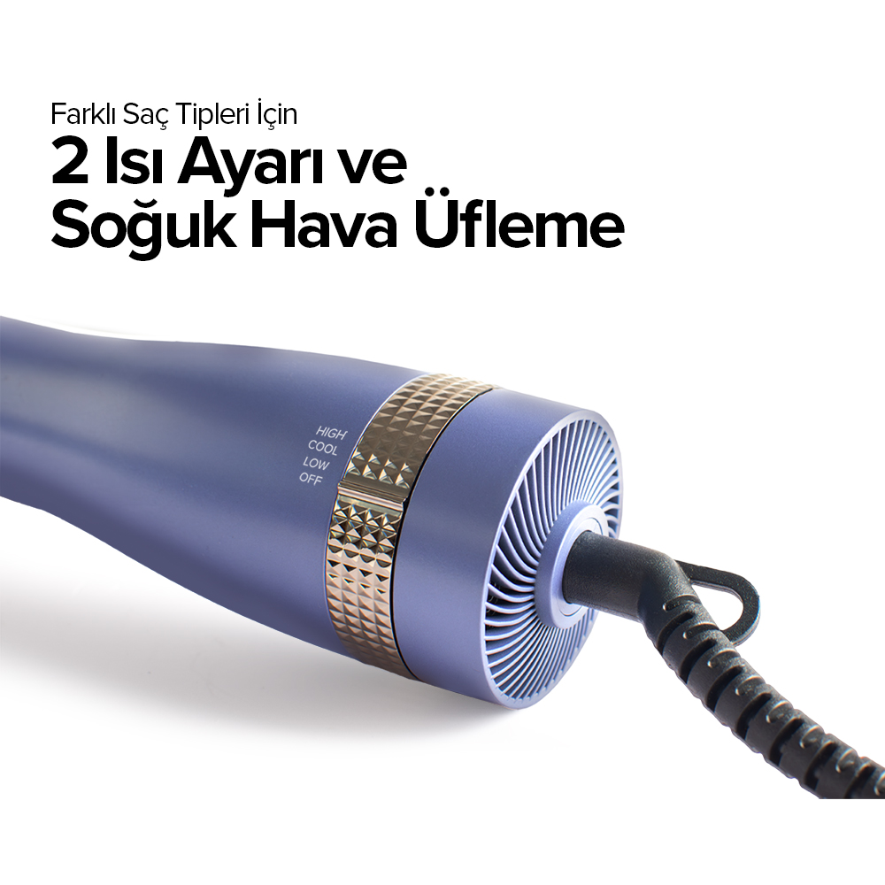 Mor saç kurutma makinesi, altın halka ve ayarlar: High, Cool, Low, Off.